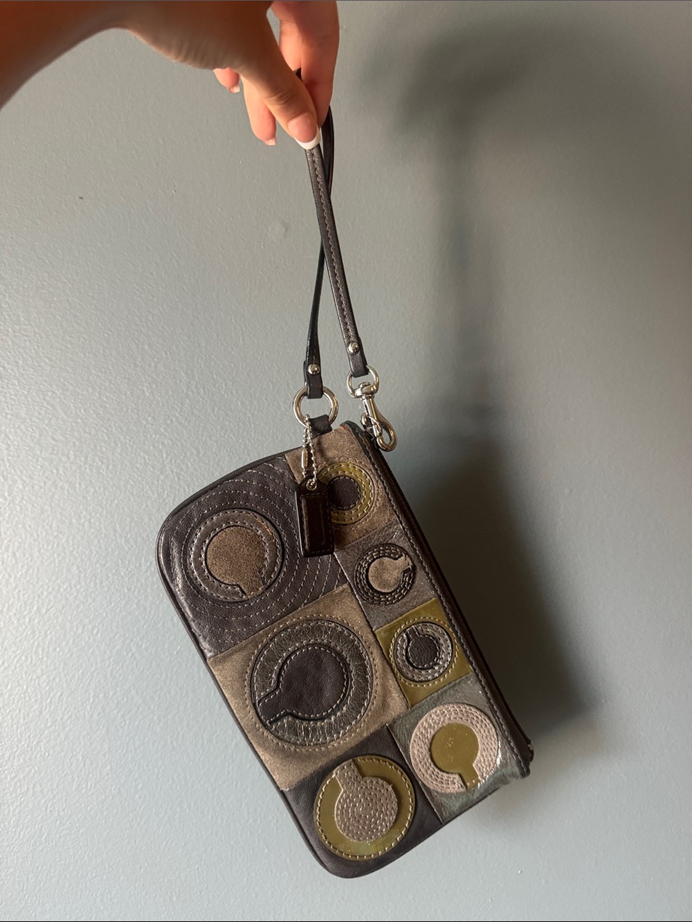 Coach Multi-Color Circle Patch Wristlet in Brown, Olive & Cream